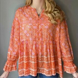 RD and KoKo Vibrant Orange Floral Sheer Bohemian Blouse Size Large
